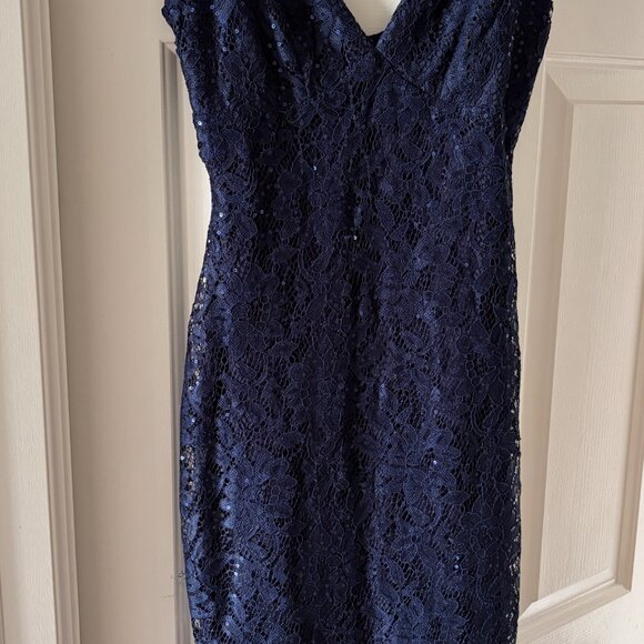 NWOT - Lulu's Navy Blue Sequin Lace Bodycon Midi Party / NYE / Holiday Dress XS - Picture 4 of 11